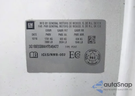 2017 Chevrolet Cruze Lt Auto z USA, uszkodzony, nr VIN 3G1BE5SM4HS549477